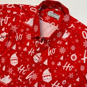 ENVMENST Mens XL Red Santa Snowflakes Ho Ho Ho Christmas Button Up Shirt Holiday